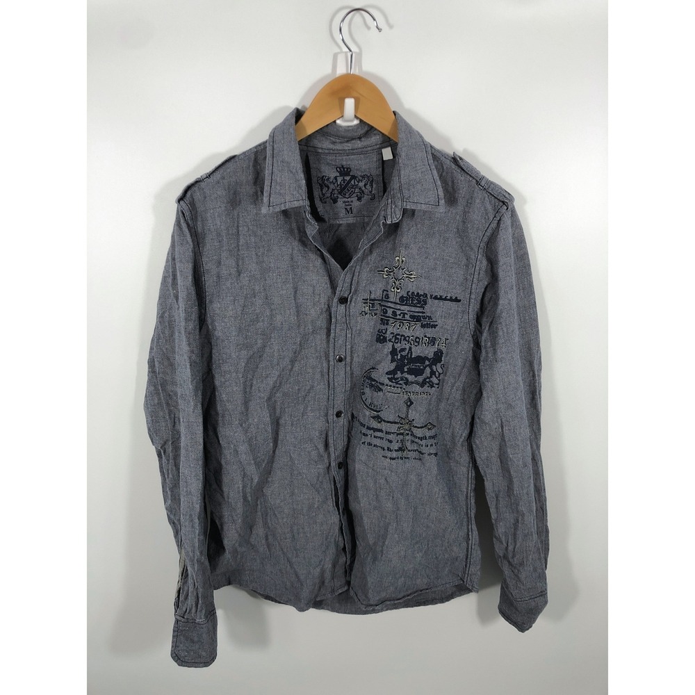 Y2K Guess Mens Long Sleeve Button Up M Blue Grunge Graphic Streetwear Skater Emo